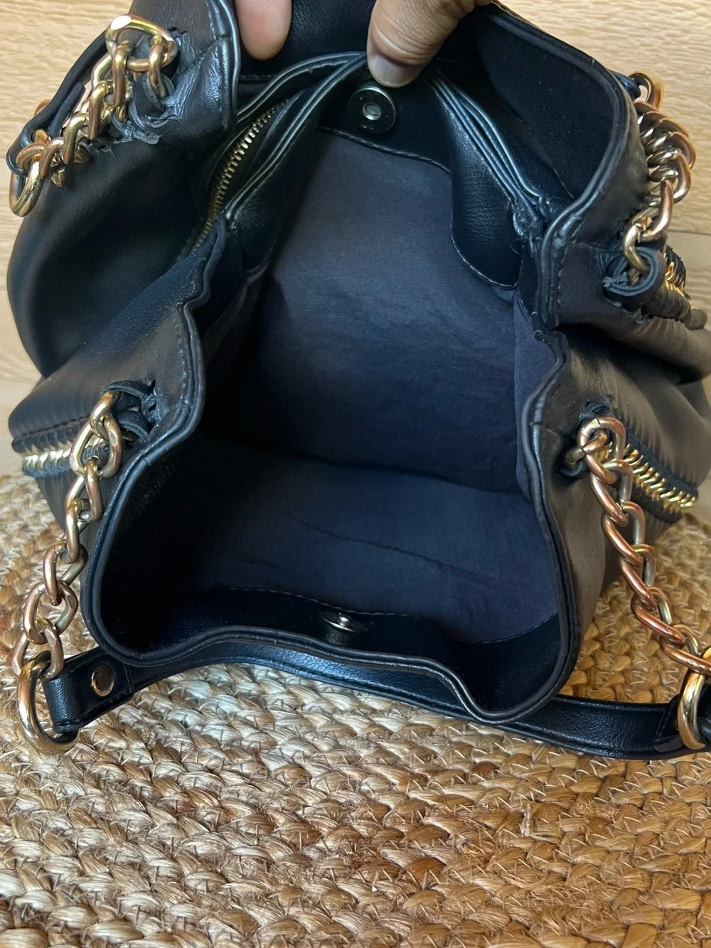 Bebe Black Colette Triple Entry Hobo Faux Leather Purse Gold Chains Large